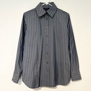 Lafayette 148 New York Blue Pinstripe Cotton Silk Button Down Shirt Womens Med